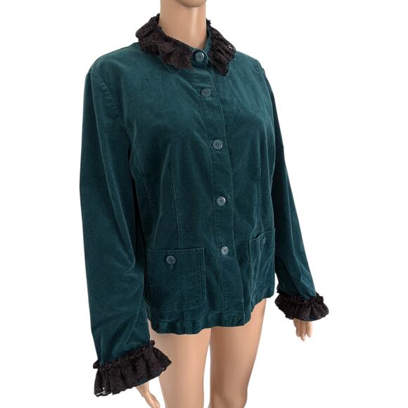Upcycled Whimsigoth Teal Corduroy Jacket Black Cat Patch Lace Ruffle Salem 12 - Picture 3 of 8